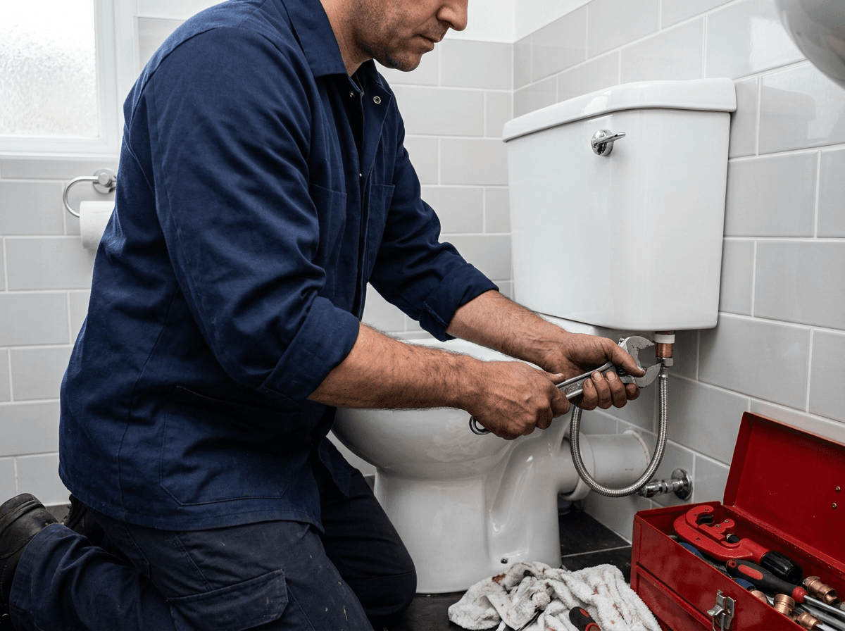 Plumber fitting a new toilet cistern in a fresh bathroom